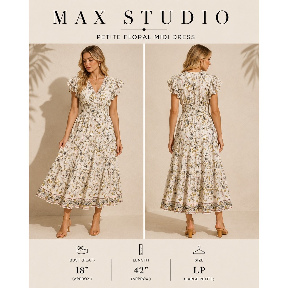 Max Studio Petite Floral Smocked Tiered Midi Dress Cream‎ Yellow LP Boho Ruffle